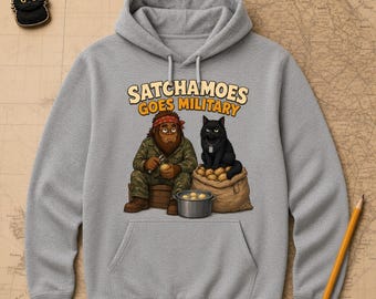 Funny Military Hoodie Men Women, Sasquatch Army Gift Sweatshirt, KP Duty Potato Hoodie Black Cat, Satchamoes Goes Military