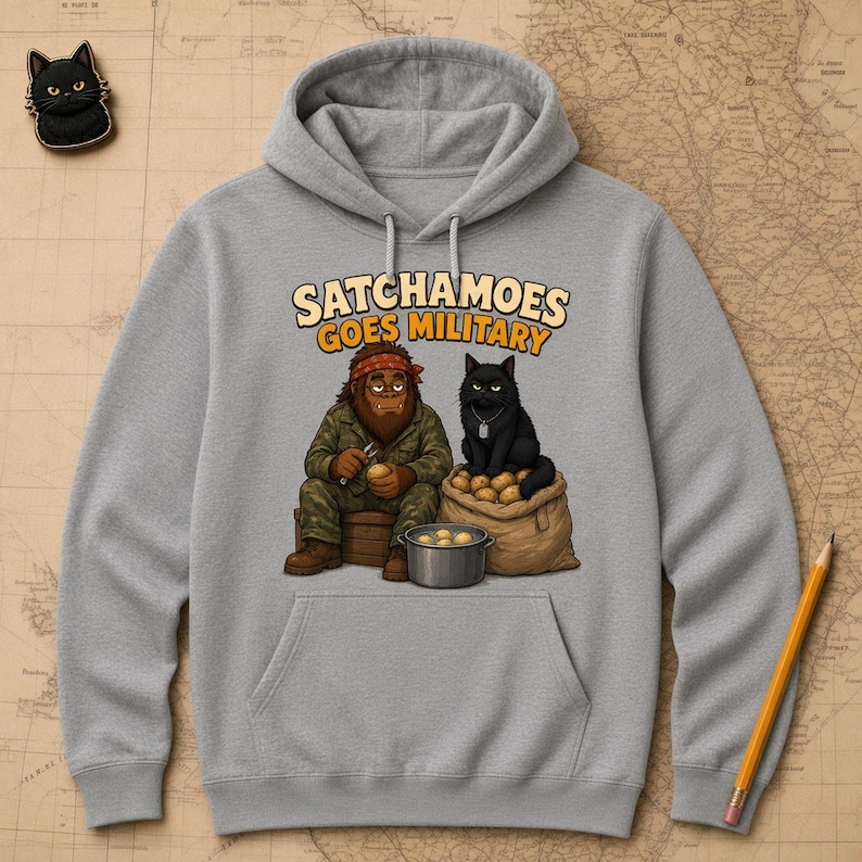 Funny Military Hoodie Men Women, Sasquatch Army Gift Sweatshirt, KP Duty Potato Hoodie Black Cat, Satchamoes Goes Military image 1
