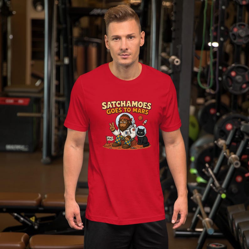 Funny Astronaut Shirt, Sasquatch Space Tee, Funny Sasquatch on Mars, Black Cat Space Helmet, Space Nerd Gift, Satchamoes Goes to Mars