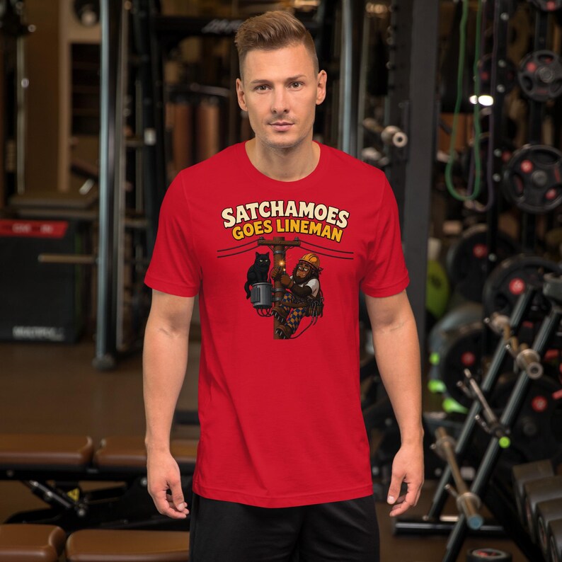 Funny Lineman Shirt Men Women, Sasquatch Utility Worker Gift Tee, Electrician Power Line Shirt Black Cat, Satchamoes Goes Lineman