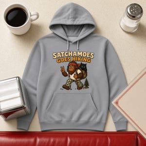 Lustiger Wanderhoodie für Damen und Herren, Sasquatch-Wanderer-Geschenk-Sweatshirt, Camping-Trail-Hoodie mit schwarzer Katze, Satchamoes geht wandern
