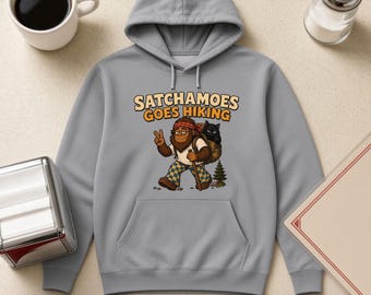Funny Hiking Hoodie Men Women, Sasquatch Hiker Gift Sweatshirt, Camping Trail Hoodie Black Cat Pack, Satchamoes Goes Hiking