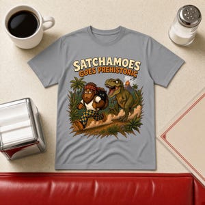 Funny Dinosaur Shirt Men Women, Sasquatch T Rex Gift Tee, Prehistoric Dino Shirt with Black Cat, Satchamoes Goes Prehistoric image 1