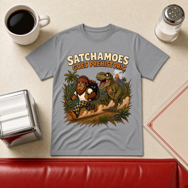 Funny Dinosaur Shirt Men Women, Sasquatch T Rex Gift Tee, Prehistoric Dino Shirt with Black Cat, Satchamoes Goes Prehistoric image 1