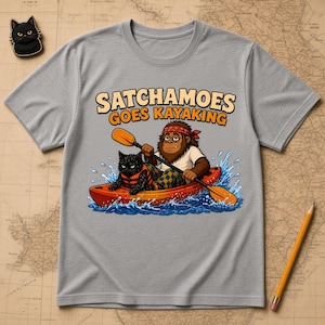 Satchamoes Goes Kayaking, Funny Kayak Shirt, Sasquatch Kayaking Tee, Funny Sasquatch Kayaker Gift, Wet Black Cat in Life Vest image 1
