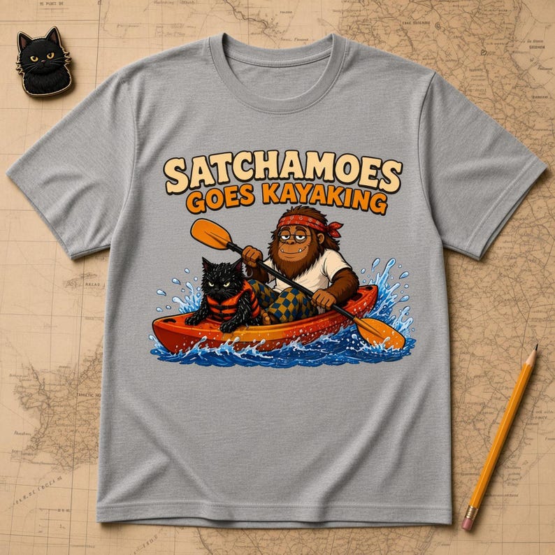 Satchamoes Goes Kayaking, Funny Kayak Shirt, Sasquatch Kayaking Tee, Funny Sasquatch Kayaker Gift, Wet Black Cat in Life Vest image 1