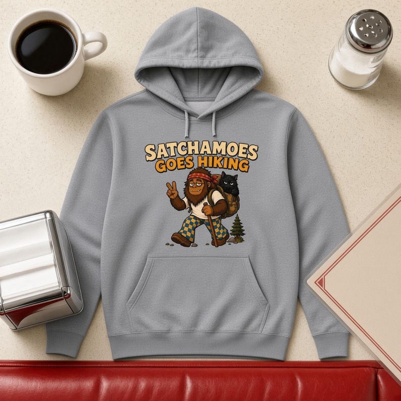 Sudadera divertida para senderismo para hombres y mujeres, sudadera de regalo para excursionistas con temática de Sasquatch, sudadera con capucha para acampar y senderos con diseño de gato negro, Satchamoes Goes Hiking imagen 1