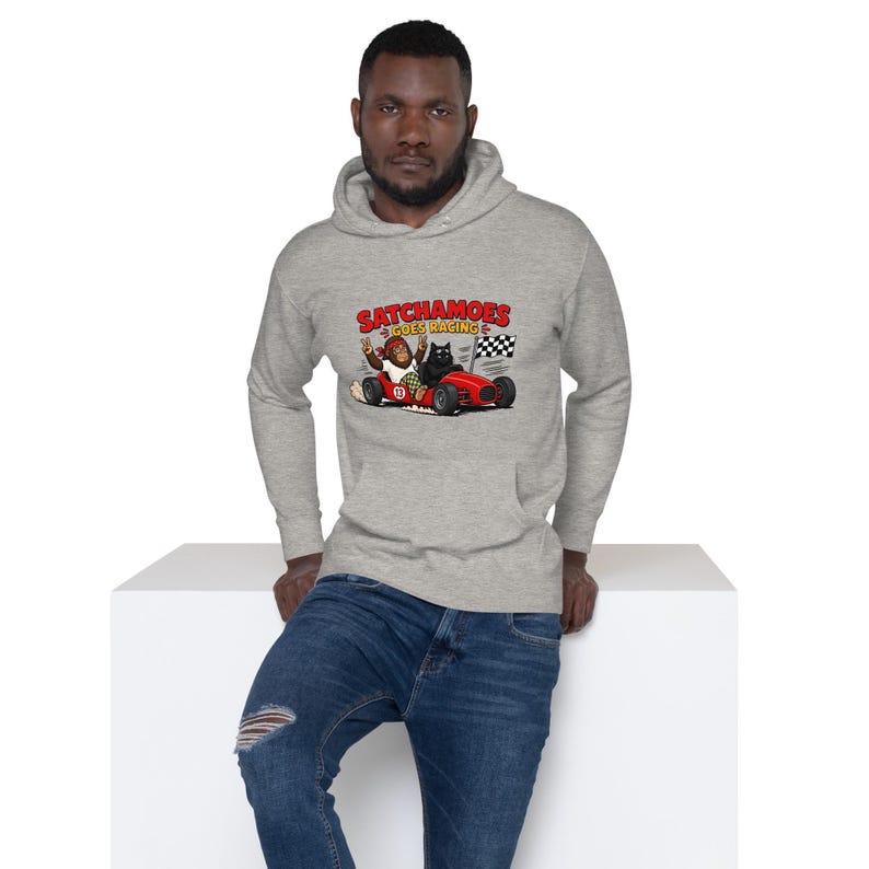 Funny Racing Hoodie Men Women, Sasquatch Race Car Gift Sweatshirt, Checkered Flag Hoodie Black Cat, Satchamoes Goes Racing image 2