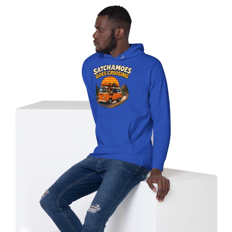 Road Trip Gift Hoodie Men Women, Funny Sasquatch Camper Van Sweatshirt, Vintage Van Kayak Hoodie Black Cat, Satchamoes Goes Cruising image 6