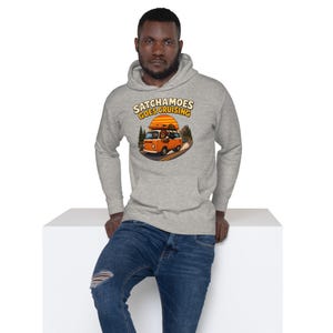 Road Trip Gift Hoodie Men Women, Funny Sasquatch Camper Van Sweatshirt, Vintage Van Kayak Hoodie Black Cat, Satchamoes Goes Cruising image 2