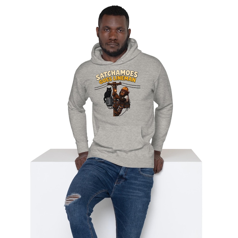 Funny Lineman Hoodie Men Women, Sasquatch Utility Worker Gift Sweatshirt, Electrician Power Line Hoodie Cat, Satchamoes Goes Lineman