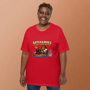 Satchamoes Goes Kayaking, Funny Kayak Shirt, Sasquatch Kayaking Tee, Funny Sasquatch Kayaker Gift, Wet Black Cat in Life Vest image 4