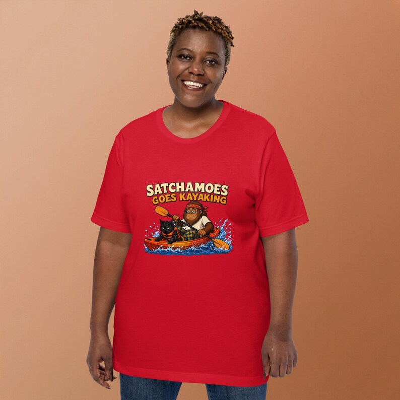 Satchamoes Goes Kayaking, Funny Kayak Shirt, Sasquatch Kayaking Tee, Funny Sasquatch Kayaker Gift, Wet Black Cat in Life Vest image 4