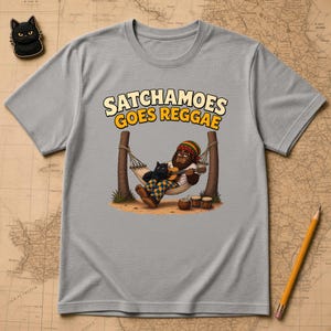 Reggae Music Gift Shirt Men Women, Funny Sasquatch Hammock Guitar Tee, Beach Vacation Shirt Black Cat, Satchamoes Goes Reggae image 1