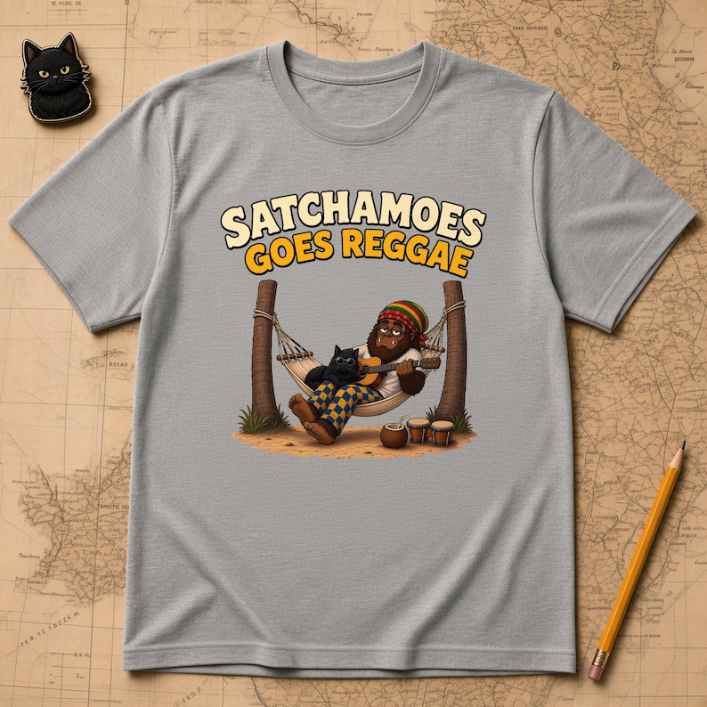 Reggae Music Gift Shirt Men Women, Funny Sasquatch Hammock Guitar Tee, Beach Vacation Shirt Black Cat, Satchamoes Goes Reggae image 1