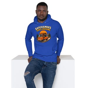 Road Trip Gift Hoodie Men Women, Funny Sasquatch Camper Van Sweatshirt, Vintage Van Kayak Hoodie Black Cat, Satchamoes Goes Cruising image 3