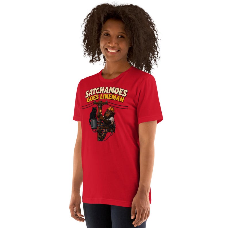 Funny Lineman Shirt Men Women, Sasquatch Utility Worker Gift Tee, Electrician Power Line Shirt Black Cat, Satchamoes Goes Lineman