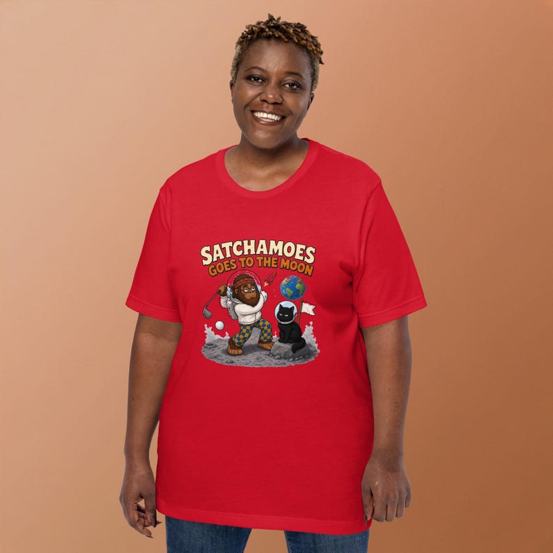 Funny Moon Shirt, Astronaut Golf Tee, Sasquatch Space Gift, Black Cat Helmet, Satchamoes Goes to the Moon