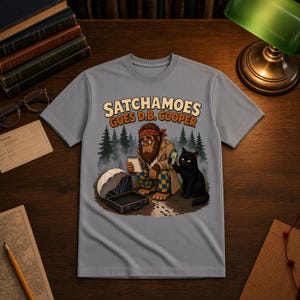Funny D.B. Cooper Shirt Men Women, Detective Sasquatch Mystery Tee, True Crime Shirt with Black Cat, Satchamoes Goes D.B. Cooper image 1
