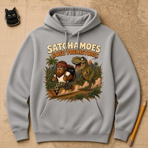 Satchamoes Goes Prehistoric, Funny Dinosaur Hoodie, Sasquatch T Rex Sweatshirt, Prehistoric Sasquatch Gift, Black Cat Dino Hoodie