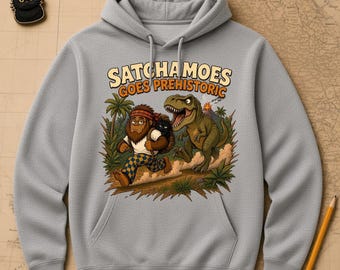 Satchamoes Goes Prehistoric, Funny Dinosaur Hoodie, Sasquatch T Rex Sweatshirt, Prehistoric Sasquatch Gift, Black Cat Dino Hoodie
