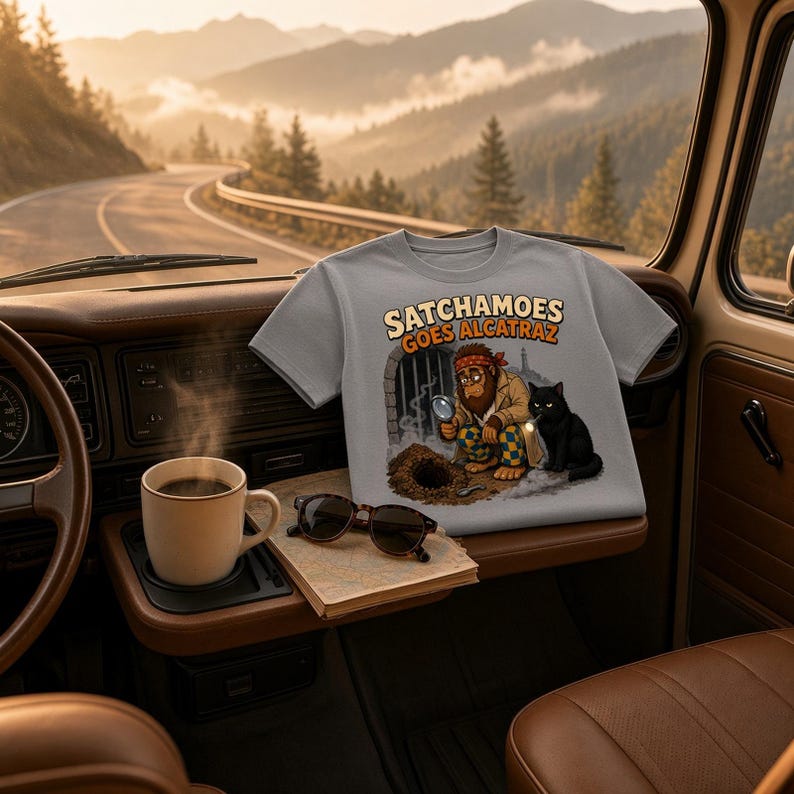Funny Alcatraz Shirt Men Women, Detective Sasquatch Prison Break Tee, True Crime Shirt with Black Cat, Satchamoes Goes Alcatraz image 1