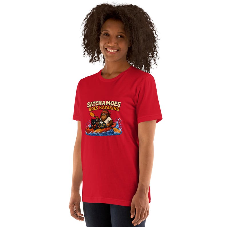 Satchamoes Goes Kayaking, Funny Kayak Shirt, Sasquatch Kayaking Tee, Funny Sasquatch Kayaker Gift, Wet Black Cat in Life Vest image 5