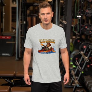 Satchamoes Goes Kayaking, Funny Kayak Shirt, Sasquatch Kayaking Tee, Funny Sasquatch Kayaker Gift, Wet Black Cat in Life Vest image 10