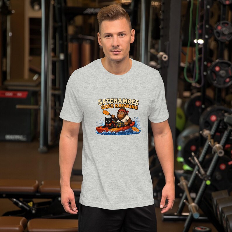 Satchamoes Goes Kayaking, Funny Kayak Shirt, Sasquatch Kayaking Tee, Funny Sasquatch Kayaker Gift, Wet Black Cat in Life Vest image 10