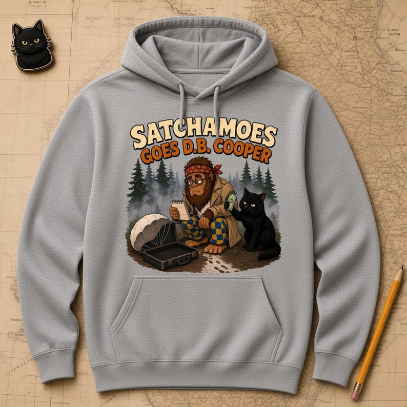 Funny D.B. Cooper Hoodie Men Women, Detective Sasquatch Mystery Sweatshirt, True Crime Hoodie Black Cat, Satchamoes Goes D.B. Cooper image 1