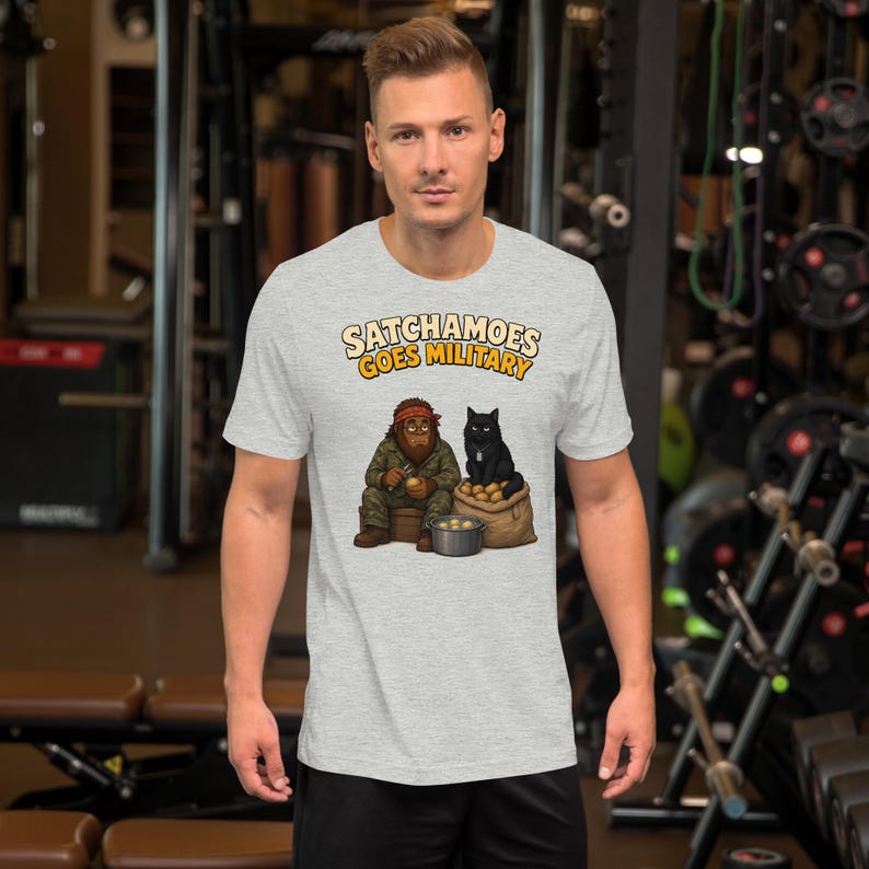 Funny Military Shirt Men Women, Sasquatch Army Gift Tee, KP Duty Potato Shirt with Black Cat, Satchamoes Goes Military
