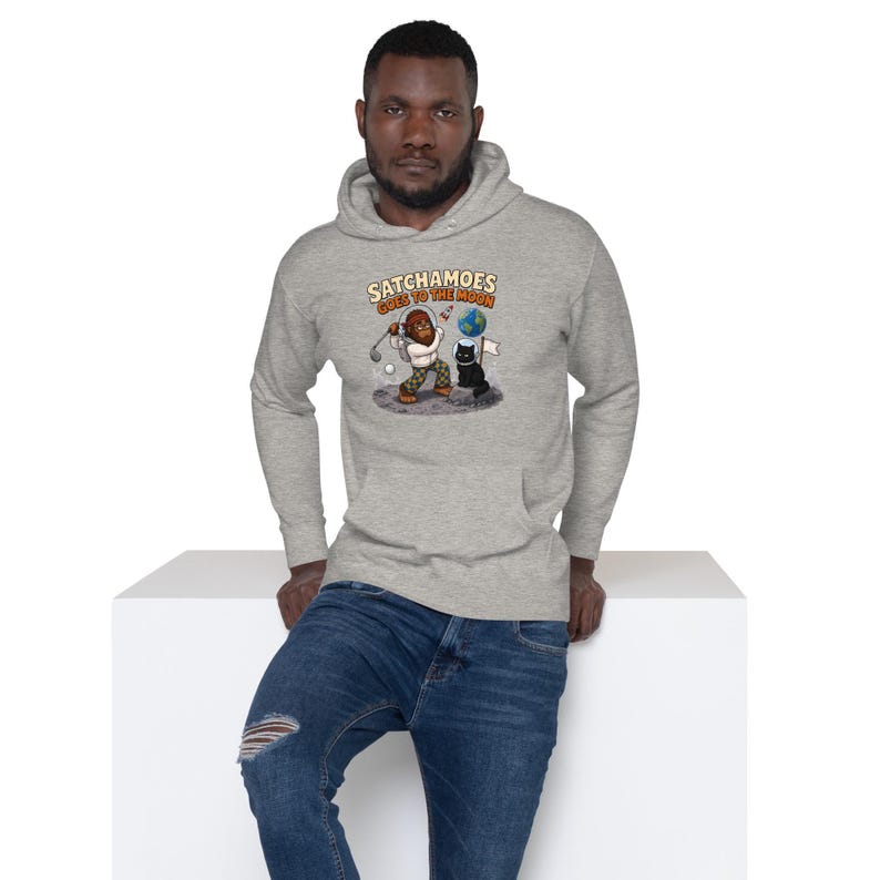 Funny Moon Hoodie Men Women, Sasquatch Astronaut Golf Sweatshirt, Space Gift Hoodie Black Cat Helmet, Satchamoes Goes to the Moon image 2
