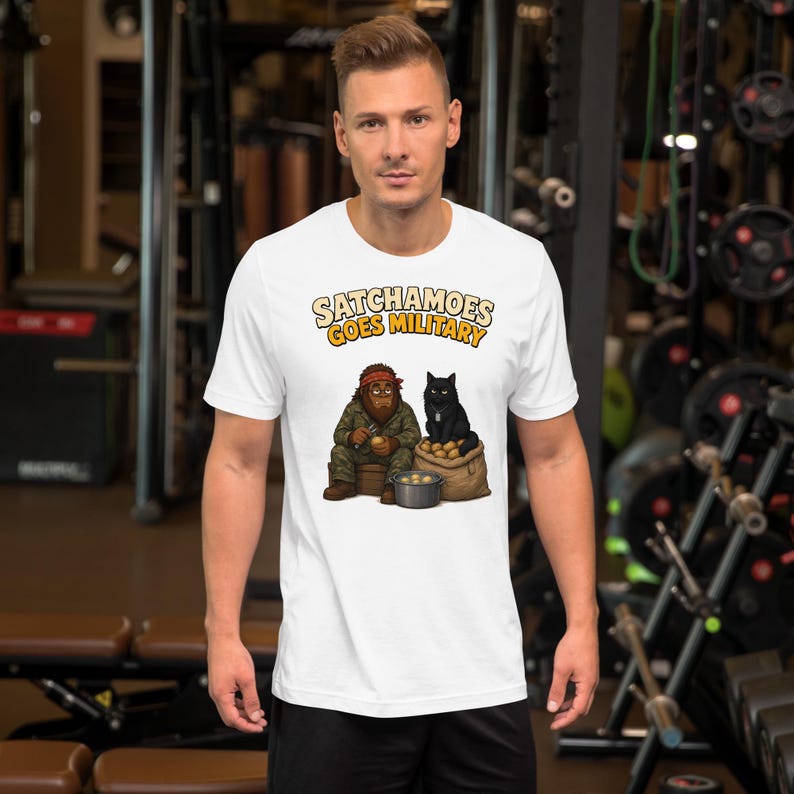 Funny Military Shirt Men Women, Sasquatch Army Gift Tee, KP Duty Potato Shirt with Black Cat, Satchamoes Goes Military