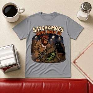 Funny Area 51 Shirt Men Women, Detective Sasquatch UFO Alien Tee, Mystery Shirt with Black Cat, Satchamoes Goes Area 51