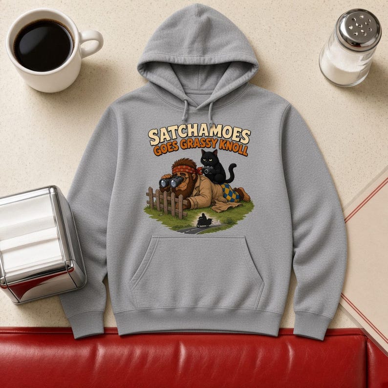 Funny Grassy Knoll Hoodie Men Women, Detective Sasquatch Conspiracy Sweatshirt, True Crime Hoodie Cat, Satchamoes Goes Grassy Knoll image 1