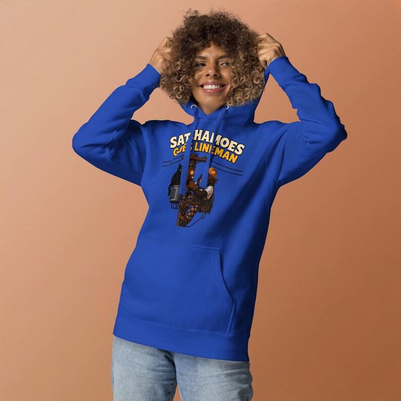 Funny Lineman Hoodie Men Women, Sasquatch Utility Worker Gift Sweatshirt, Electrician Power Line Hoodie Cat, Satchamoes Goes Lineman