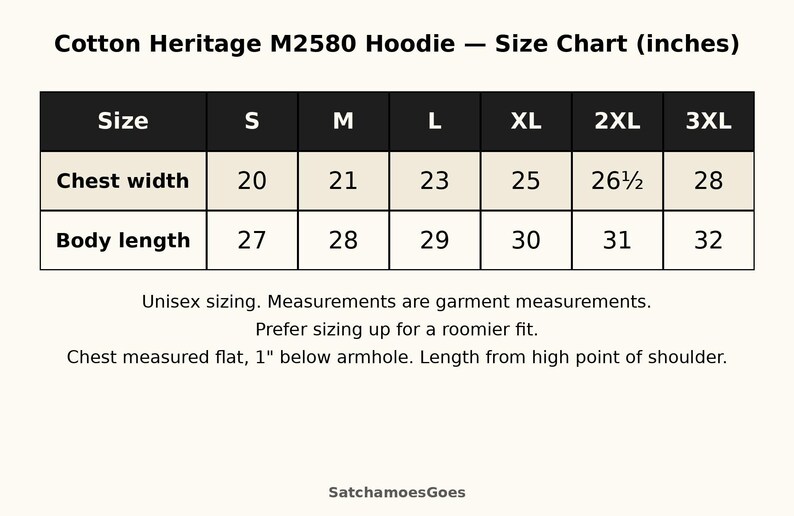 May include: A size chart for the Cotton Heritage M2580 hoodie, displaying chest width and body length measurements in inches for sizes S through 3XL. The table includes specific garment dimensions and instructions for measuring chest width and body length.