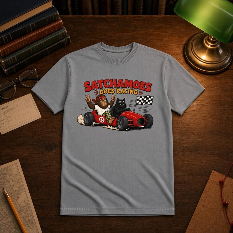 K&ouml;nnte beinhalten: Ein graues T-Shirt mit einer Grafik eines Affen und einer schwarzen Katze in einem roten Rennwagen mit der Nummer 13. Der Affe tr&auml;gt ein Bandana und zeigt ein Friedenszeichen. &Uuml;ber dem Auto steht der Text SATCHAMOES GOES RACING in roten Buchstaben.