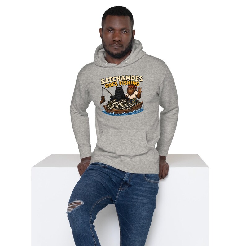 Funny Fishing Hoodie Men Women, Sasquatch Fisherman Gift Sweatshirt, Lake Life Boat Hoodie Black Cat, Satchamoes Goes Fishing Bild 2