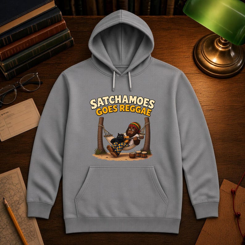 K&ouml;nnte beinhalten: Ein grauer Kapuzenpullover mit einem Grafikdruck eines Gorillas, der eine M&uuml;tze in Rastafarifarben tr&auml;gt und mit einer schwarzen Katze in einer H&auml;ngematte Gitarre spielt. Der Text &uuml;ber der Illustration lautet SATCHAMOES GOES REGGAE in Gelb und Wei&szlig;.