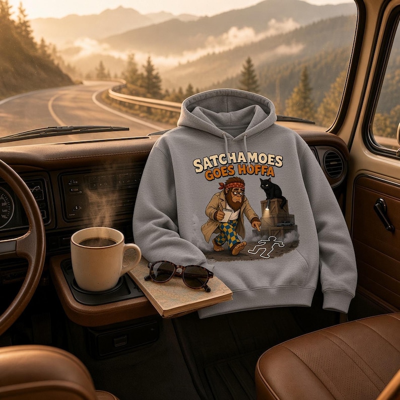 Funny Hoffa Hoodie Men Women, Detective Sasquatch Cold Case Sweatshirt, True Crime Hoodie Black Cat, Satchamoes Goes Hoffa image 1