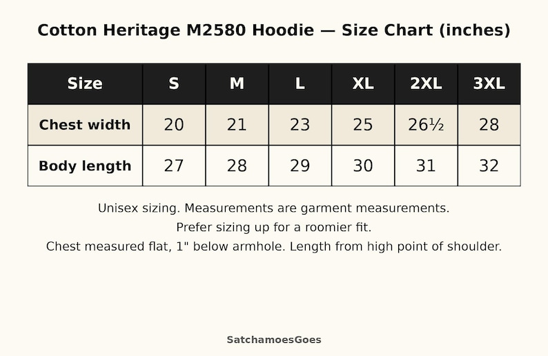 K&ouml;nnte beinhalten: Eine Gr&ouml;&szlig;entabelle f&uuml;r den Cotton Heritage M2580 Kapuzenpullover, die Brustweite und K&ouml;rperl&auml;nge in Zoll f&uuml;r die Gr&ouml;&szlig;en S bis 3XL angibt. Die Tabelle enth&auml;lt Hinweise zur Unisex-Passform und zu den Methoden der Kleidungsmessung.
