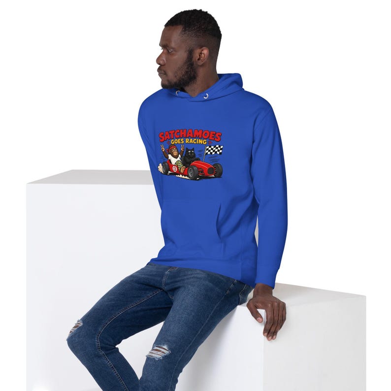 Funny Racing Hoodie Men Women, Sasquatch Race Car Gift Sweatshirt, Checkered Flag Hoodie Black Cat, Satchamoes Goes Racing image 6