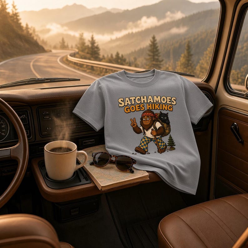 Satchamoes Goes Hiking, Funny Hiking Shirt, Sasquatch Hiker Gift, Funny Sasquatch Camping Tee, Black Cat in Backpack Trail Shirt image 1