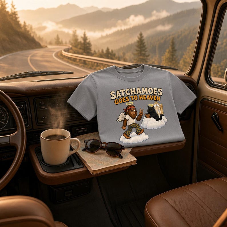 May include: A grey t-shirt featuring a cartoon graphic of a bearded figure with wings and a black cat on clouds, with the text SATCHAMOES GOES TO HEAVEN. The shirt is displayed inside a vehicle with a coffee mug and sunglasses nearby.