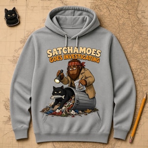 Rolig detektivluvtröja för män och kvinnor, utredande Sasquatch-soptunna, true crime mystery luvtröja för katt, Satchamoes går och undersöker bild 1