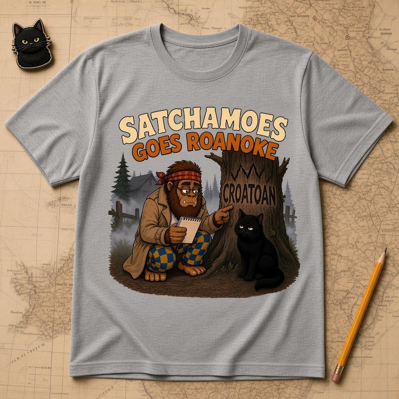 Satchamoes Goes Roanoke, Lustiges Roanoke-Shirt, Lost Colony T-Shirt, Geschenk für Sasquatch-Fans, True Crime Shirt Bild 1
