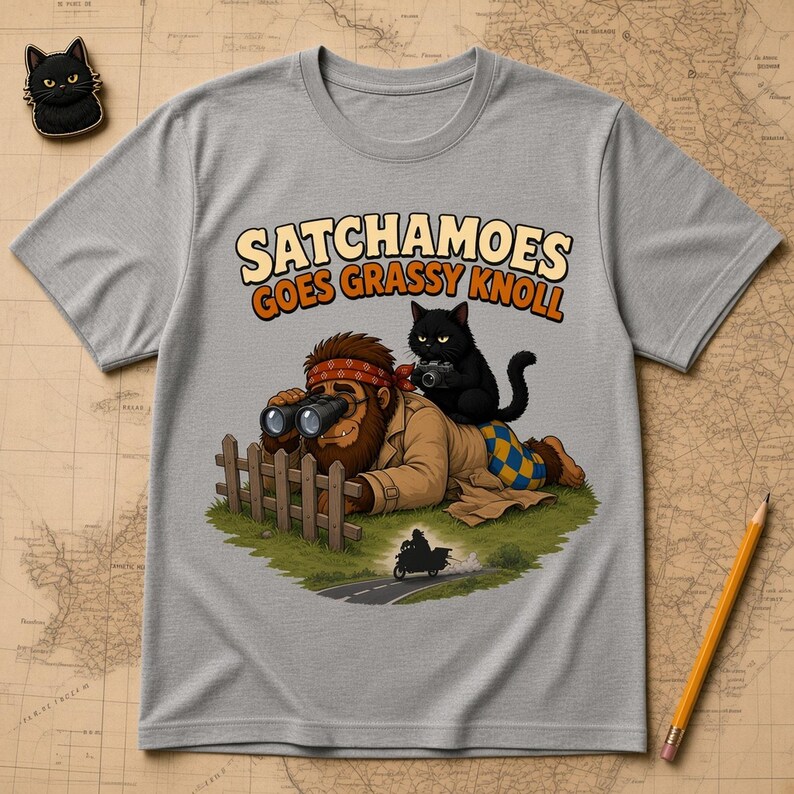 Funny Grassy Knoll Shirt Men Women, Detective Sasquatch Conspiracy Tee, True Crime Shirt Black Cat, Satchamoes Goes Grassy Knoll image 1