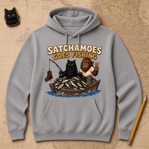 Funny Fishing Hoodie Men Women, Sasquatch Fisherman Gift Sweatshirt, Lake Life Boat Hoodie Black Cat, Satchamoes Goes Fishing Bild 1