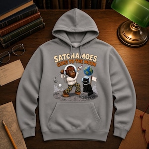Funny Moon Hoodie Men Women, Sasquatch Astronaut Golf Sweatshirt, Space Gift Hoodie Black Cat Helmet, Satchamoes Goes to the Moon image 1